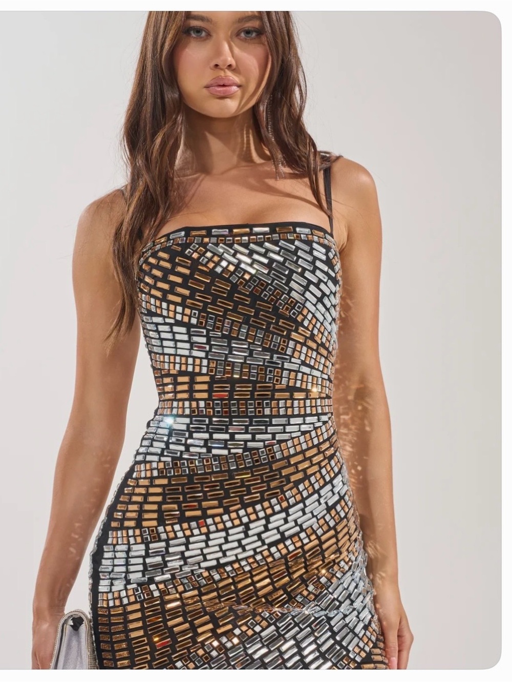 AKIRA Strapless Mosaic Bodycon Dress in Gold & Silver